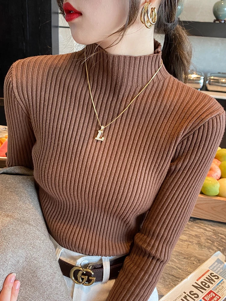 Elegant Solid Basic Knitted Tops Women Turtlneck