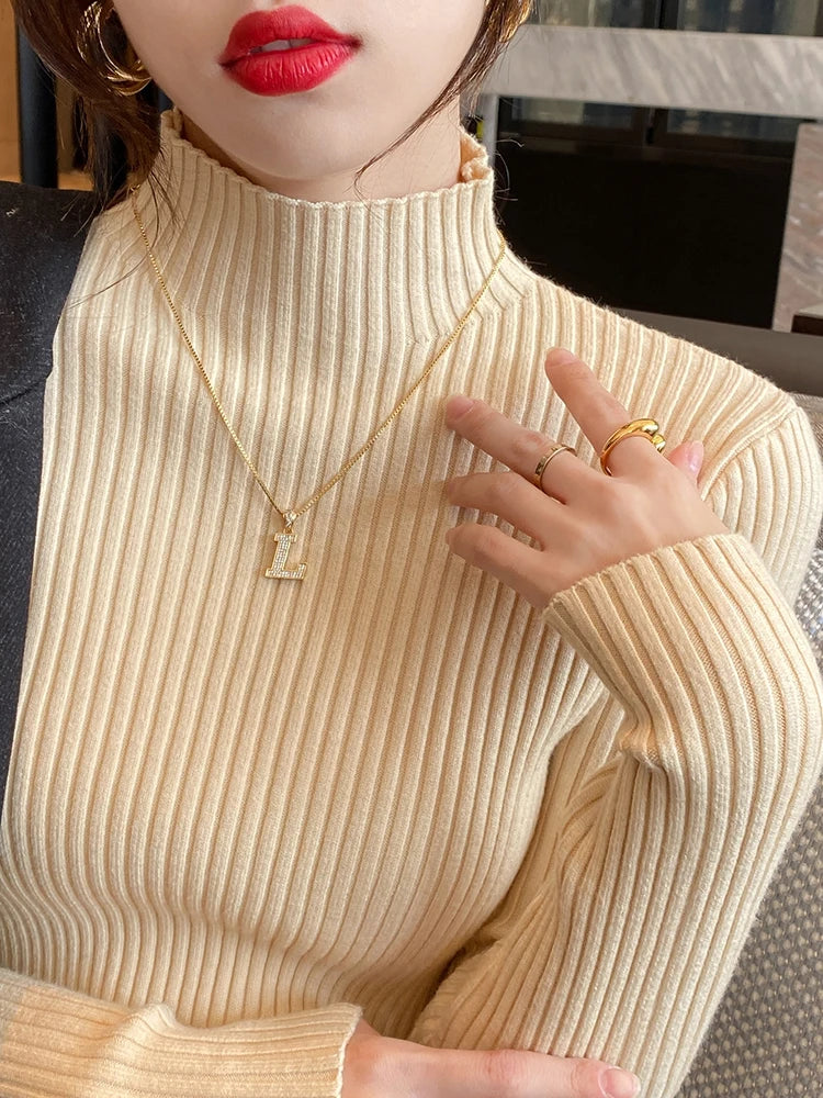 Elegant Solid Basic Knitted Tops Women Turtlneck