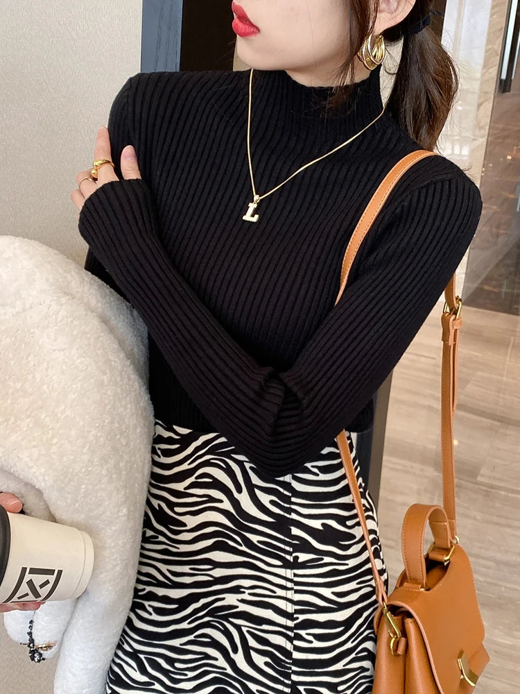 Elegant Solid Basic Knitted Tops Women Turtlneck