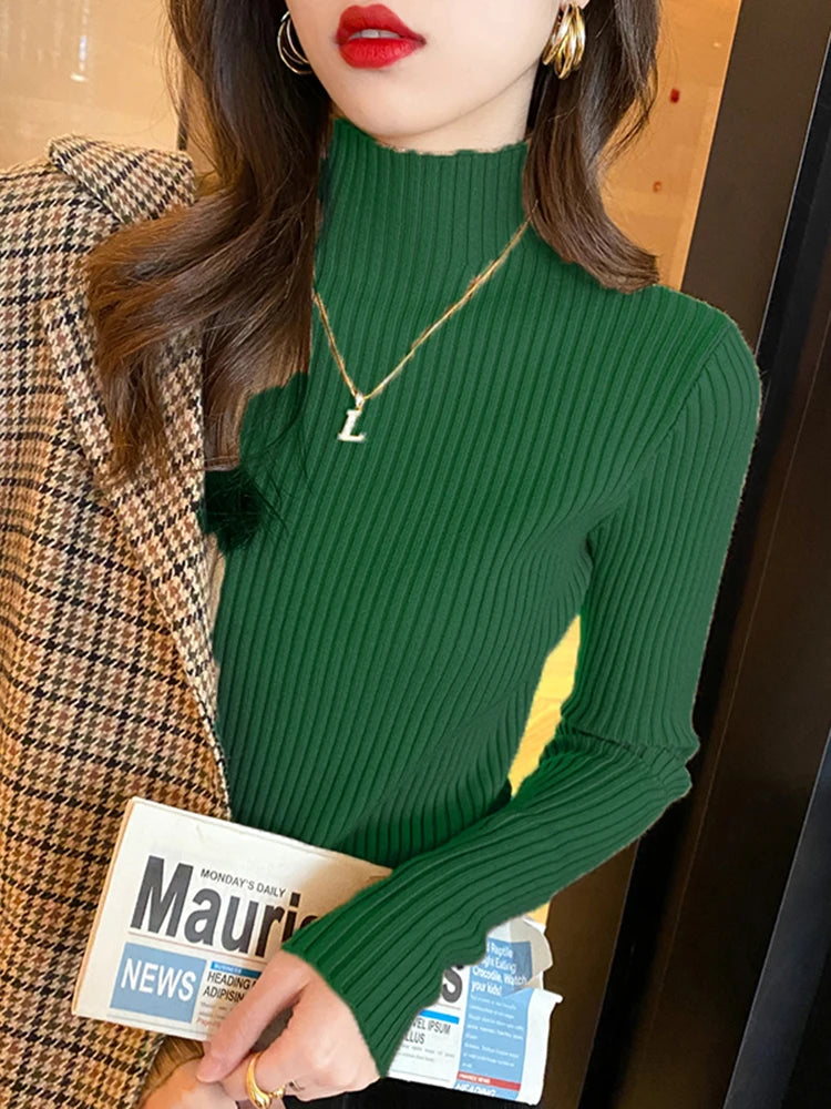 Elegant Solid Basic Knitted Tops Women Turtlneck