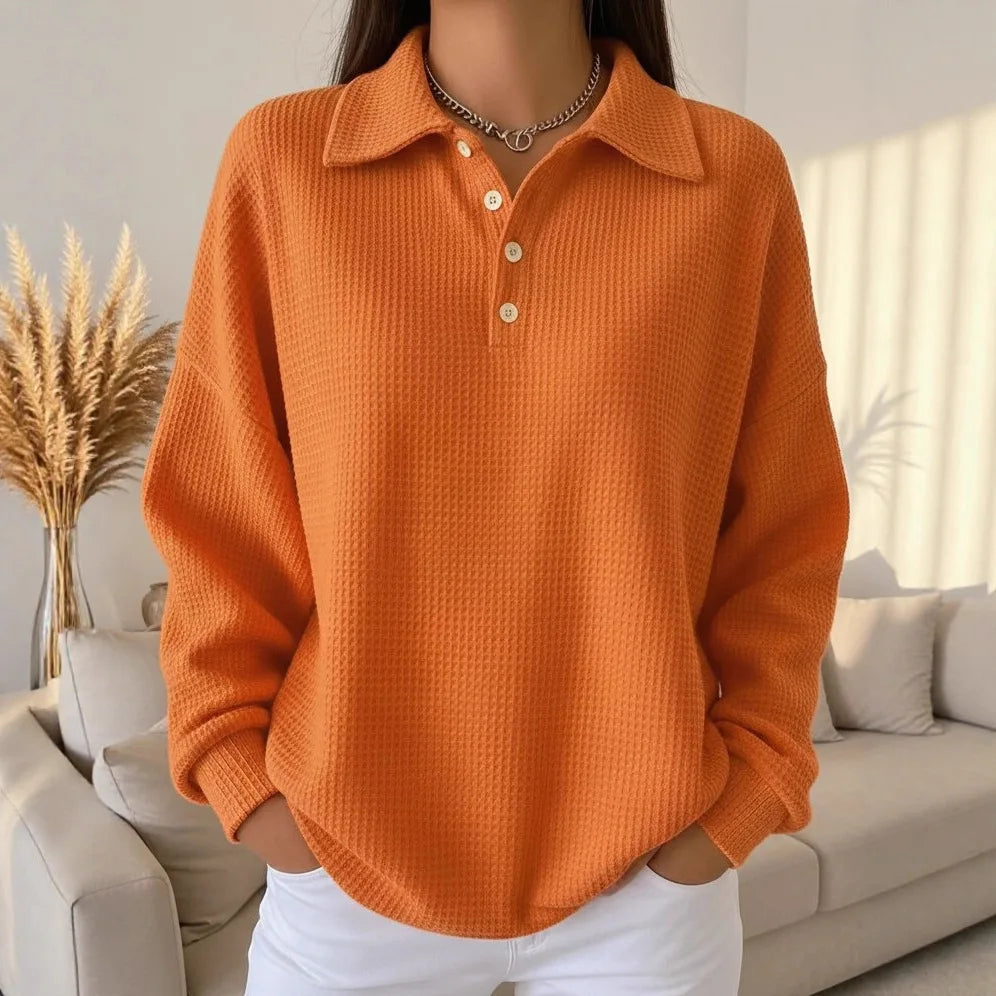 Polo Shirt Waffle Long Sleeve Women's Top