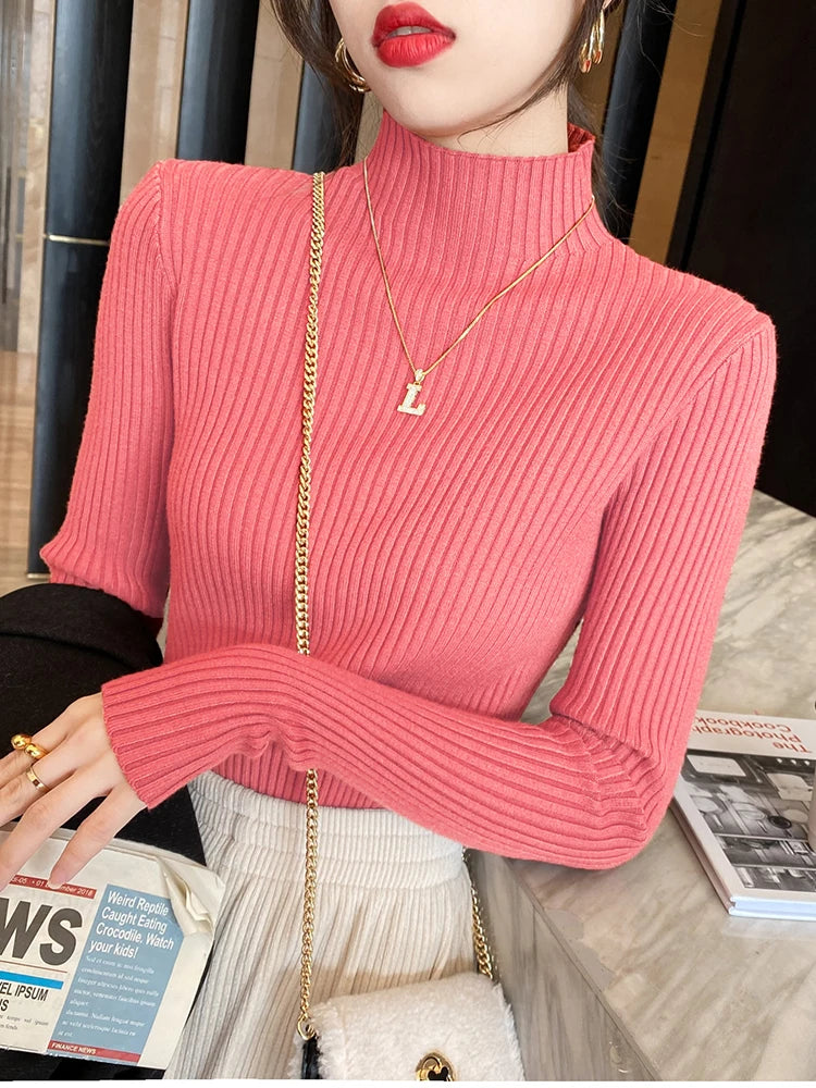 Elegant Solid Basic Knitted Tops Women Turtlneck